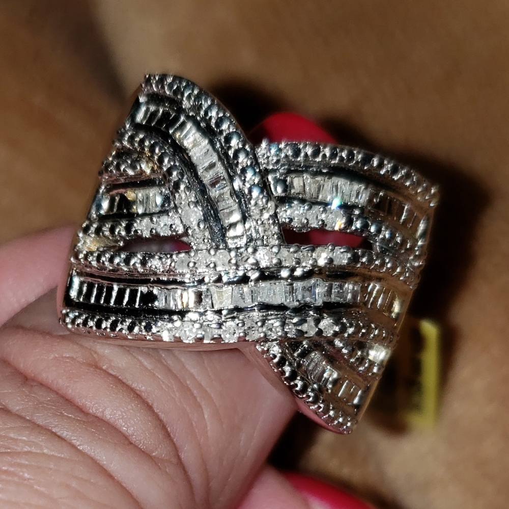 Sz 10, White Diamond Crossover Ring, 925 Silver/w Platinum, 0.48 carats, NWT